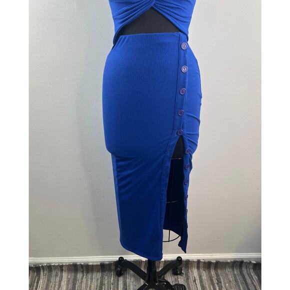Fore Royal Blue Cutout Midi Dress Ribbed Plunge Neck Party/Cocktail Size X-Small - Picture 3 of 9